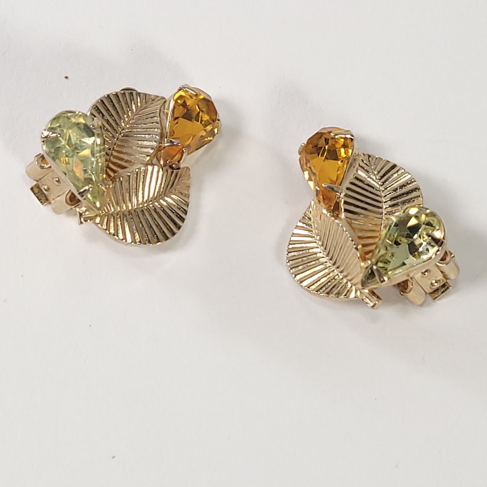 Coro Clip-On Earrings Gold Tone Citrine Peridot Colored Rhinestone Leaf Vintage